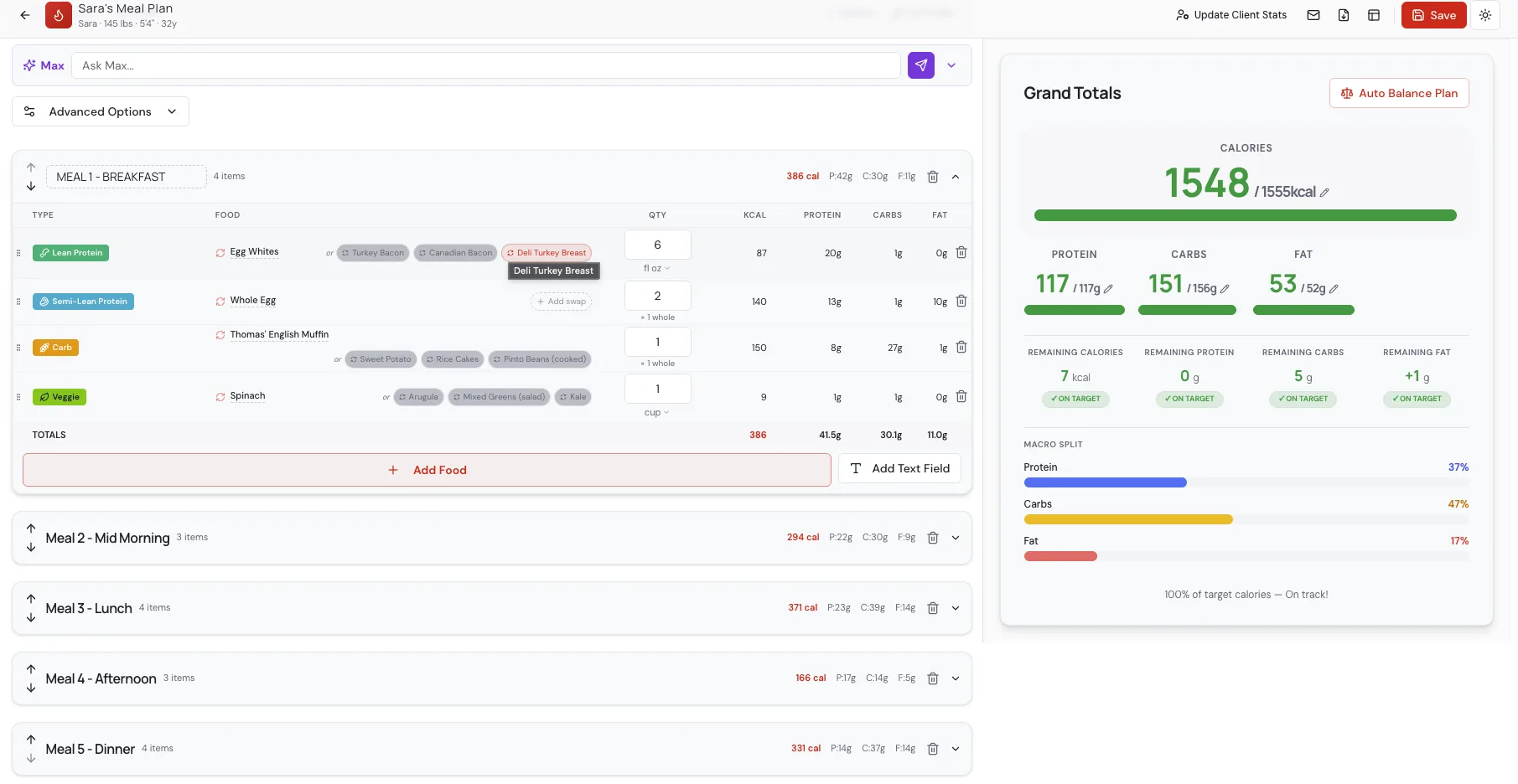 MacroFuel plan editor Summit uses to centralize client meal plans
